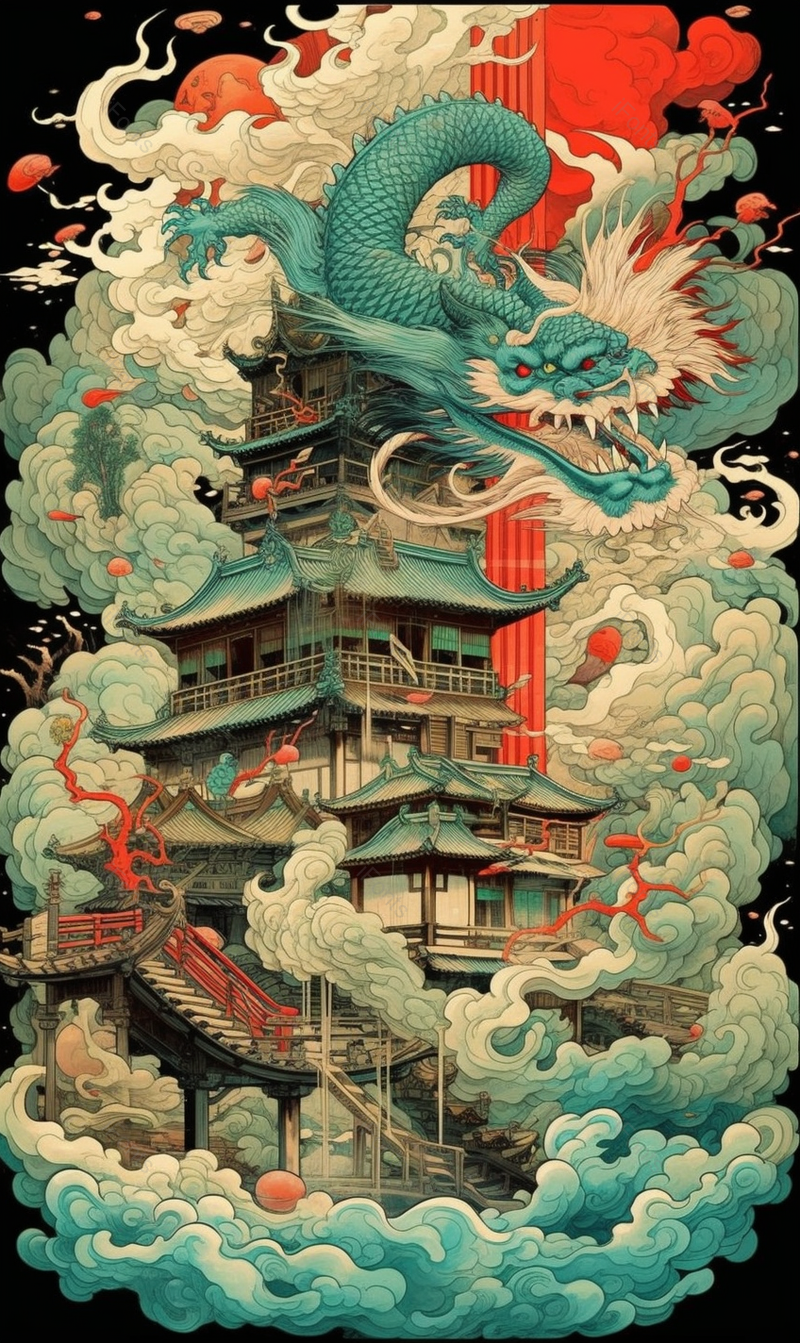 中国风阁楼与腾龙场景插画背景,插画/手绘图,插画/手绘图库,插画/手绘图下载,插画/手绘